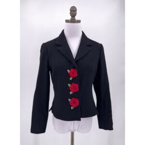 Rickie Freeman Teri Jon Black Wool Crepe Red Floral Appliques Blazer Jacket Sz 6
